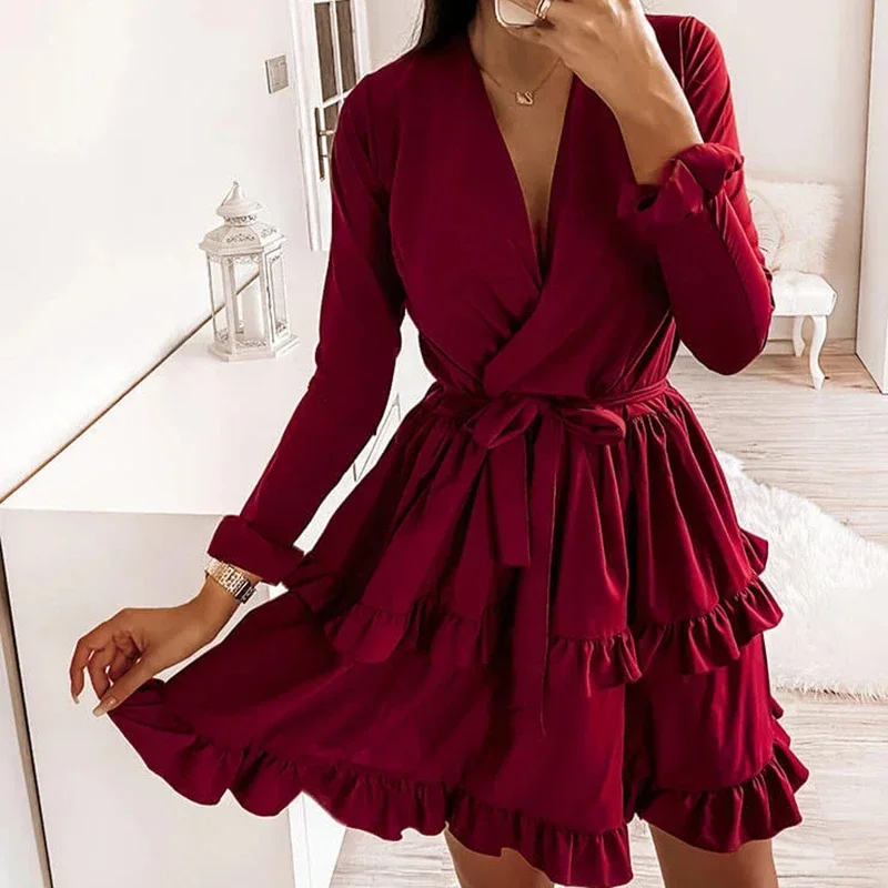 

New Fashion Arrived Flared Sleeves Ruffles V Neck Sexy Dress Women Winter Autumn Long Sleeve A-Line Solid Sashes Mini Dresses