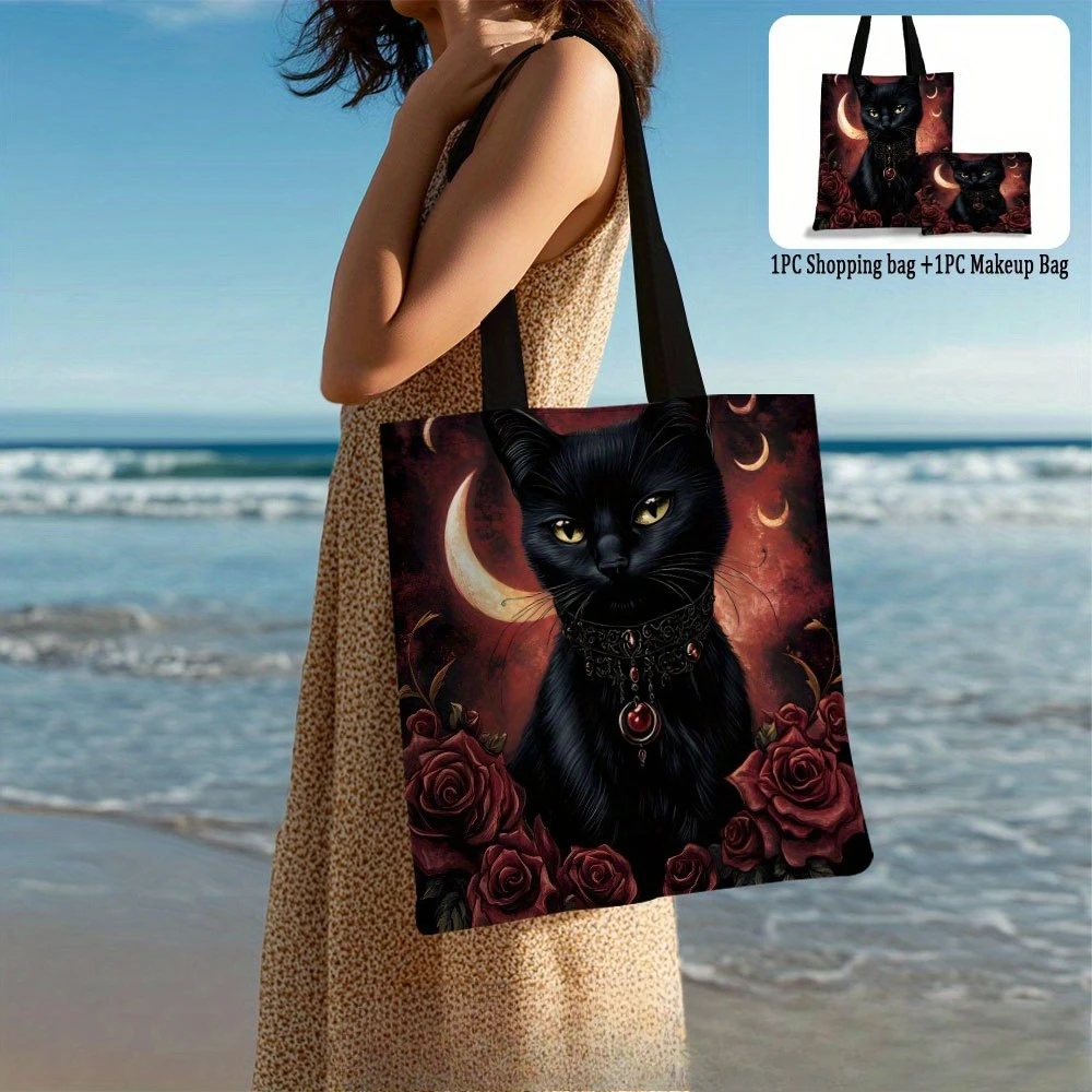 

Зачарованная черная кошка с розами Сумка-тоут Сумки для хранения с косметичкой Уникальный дизайн Легкая сумка для покупок Сумка на плечо