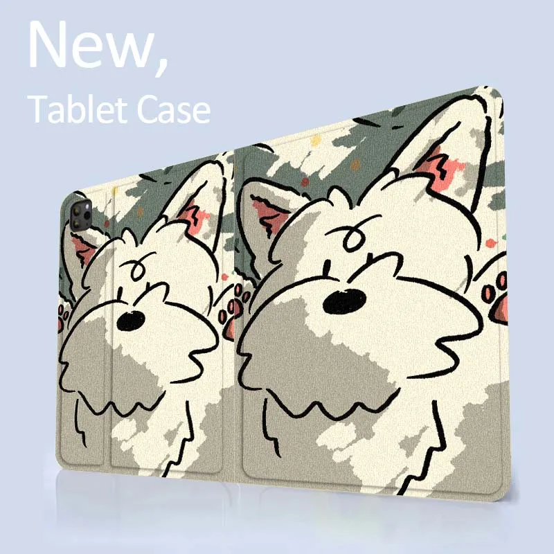 جرو أبيض على طراز الرسوم المتحركة لجهاز iPad Air Mini Pro 7 6 5 9.7 11 10.5 12.9 حافظة تابلت أوتوماتيكية للنوم/الاستيقاظ