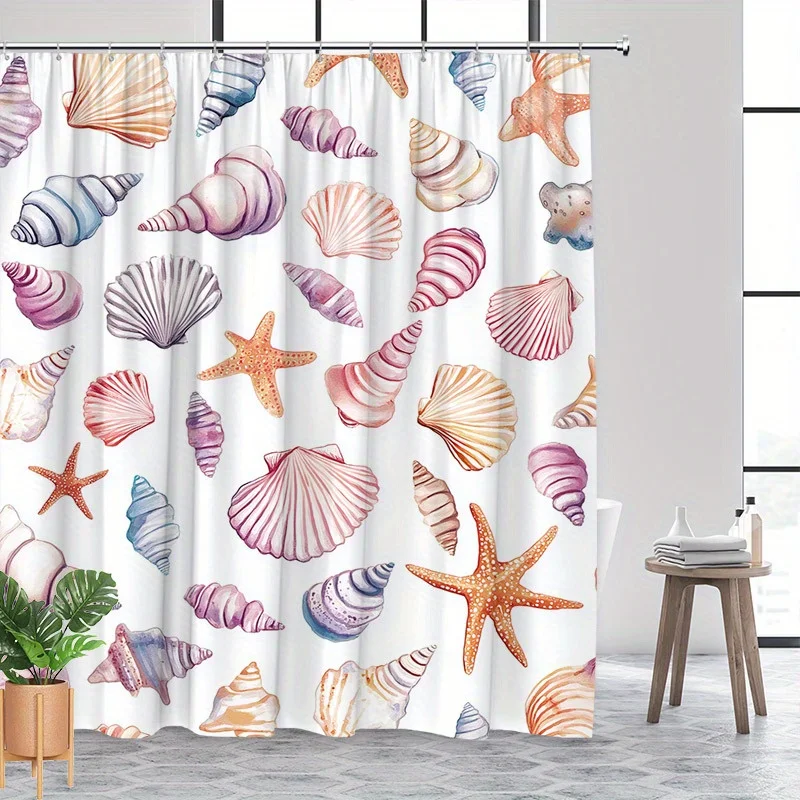 

1 шт., машинная стирка, полиэстеровая занавеска для душа с ракушками, мотивам морской звезды и крючками для декора морской тематики