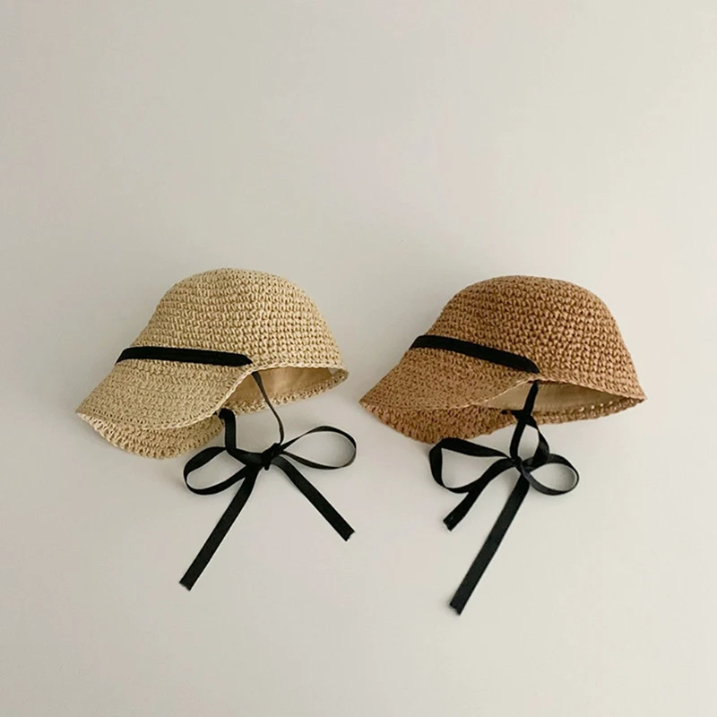 Children Girls Summer Woven Sunshade Hat Straw Cap Ribbon Outdoor Casual Big Brim Adjustable Hat Cute Children\'s Accessories