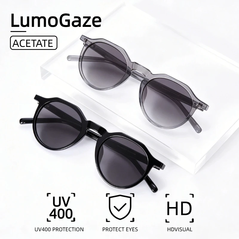 Image of LumoGaze Retro Runde Luxus-Design Damen-Sonnenbrille Hochwertige Acetat-Herren-Freizeitbrille UV400-Schutz