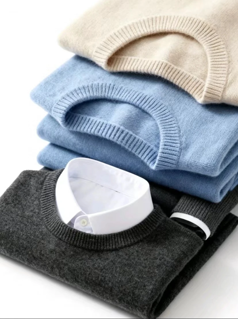 

Высококачественный 100% кашемировый свитер, мужской пуловер с круглым вырезом на зиму, толстый теплый однотонный кашемировый трикотаж, умный повседневный джемпер, топ