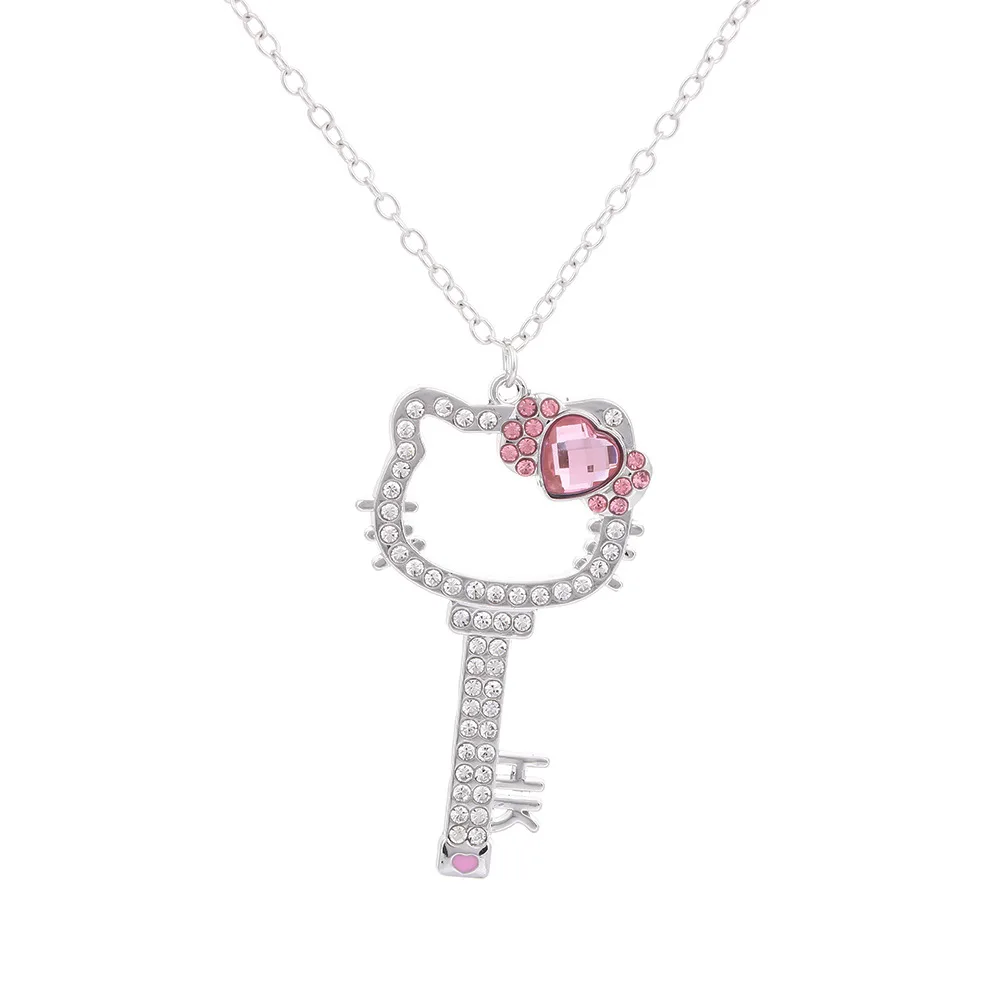 Sanrio Cartoon Hello Kitty Creative Key heart-shaped Necklace Y2k Light Luxury Diamond Hello Kitty Pendant Cute Girls Necklace