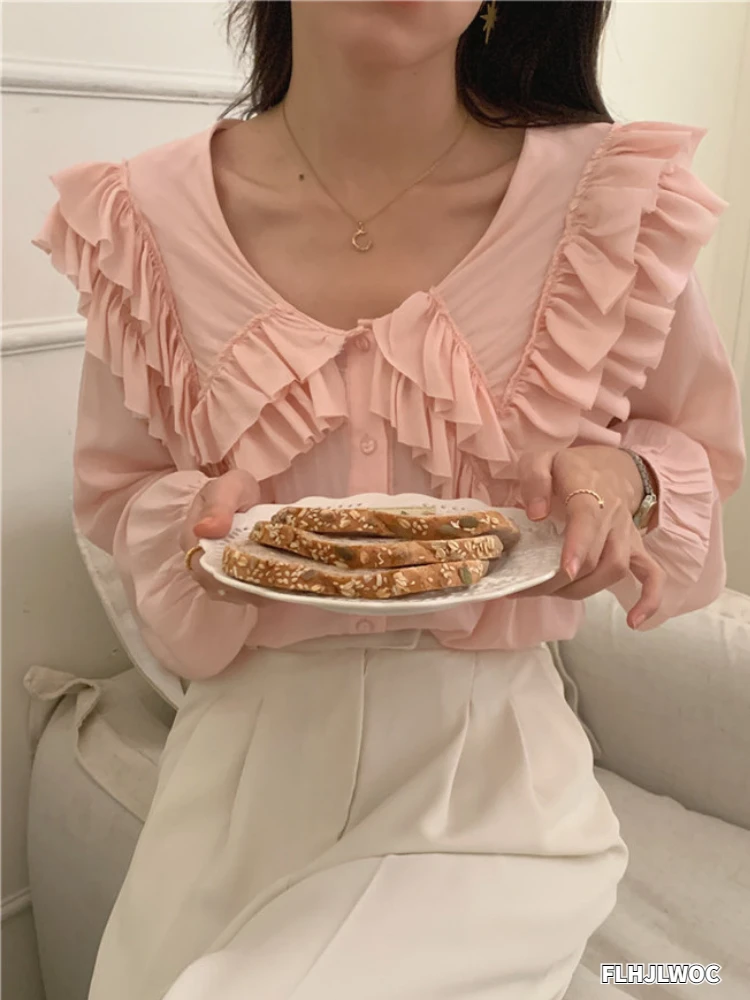 

Pink Sweet Button White Shirt 2022 Summer Korea Japan Style Preppy Gilrs Women Flhjlwoc Ruffles Layer Cute Peter Pan Collar Tops