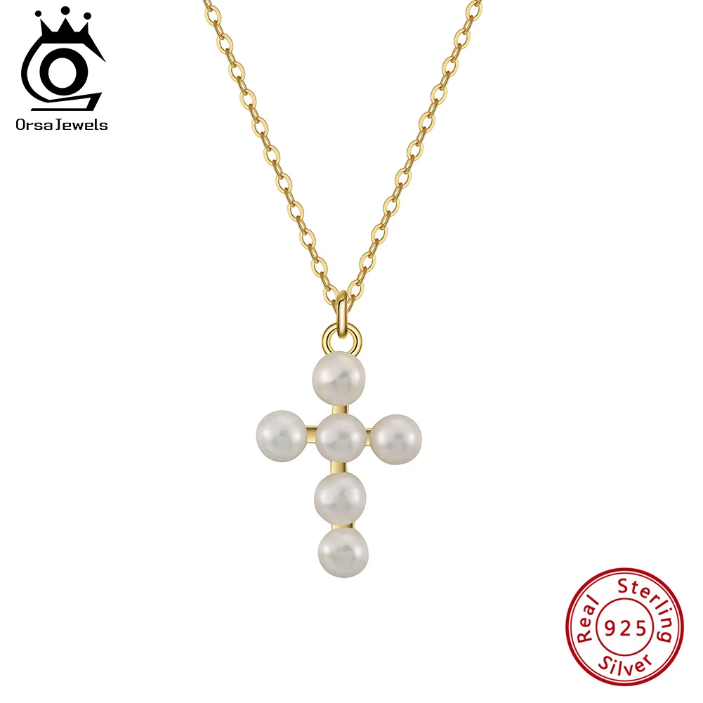 

ORSA JEWELS Trendy Cross Pendant Necklace with Freshwater Pearls 925 Sterling Silver for Woman Pearl Choker Neck Jewelry GPN78