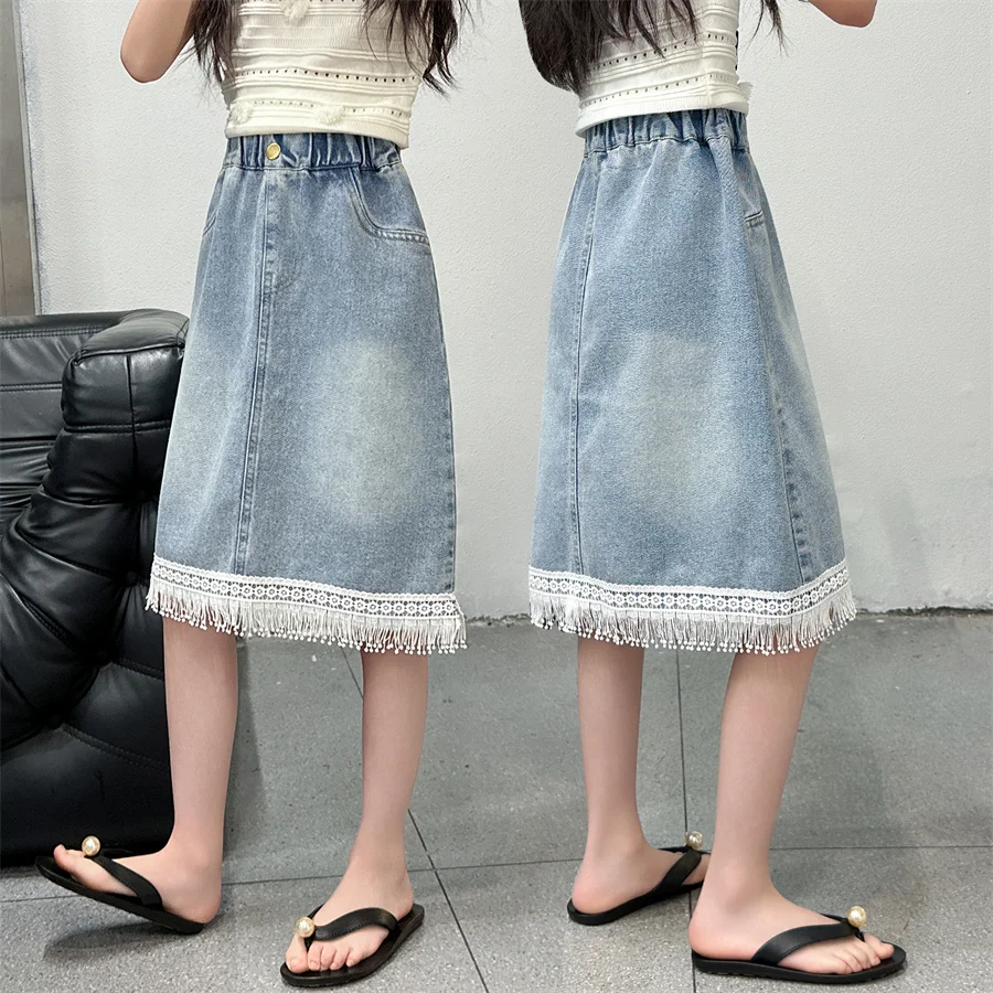 

New Kids Designer Long Style Denim Skirt with Lace Tassels for Tweens Girls Fashion Street Bottoms Kids Trend Summer Clothing