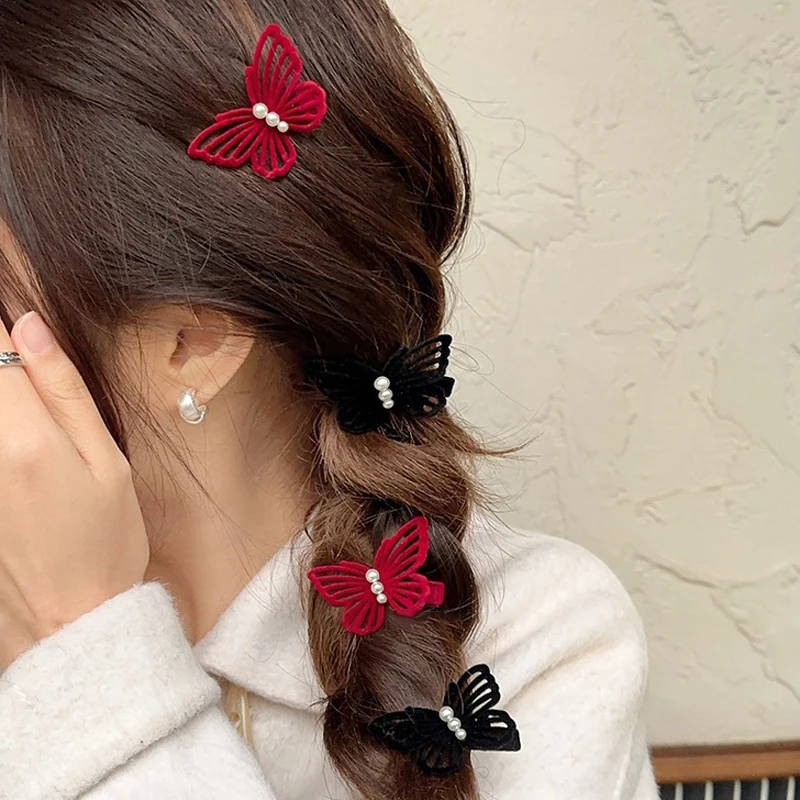 1/2pcs Elegant Velvet Pearl Butterfly Hairpins Women Girls Bangs Hair Clips Barrettes Accessories Hairclip Headwear