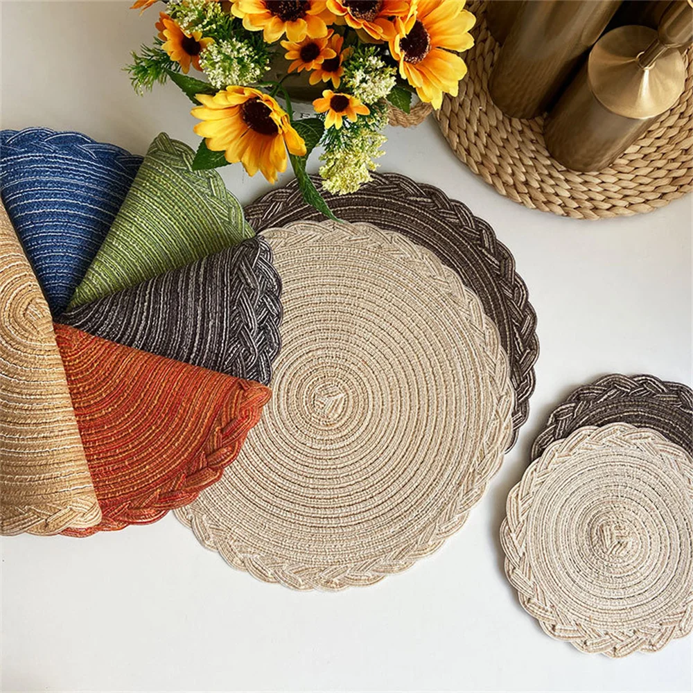 1pcs Round Table Mat Woven Ramie Placemats Anti Slip Dining Table Mats Non-Slip Tableware Bowl Pads Kitchen Drink Cup Coasters