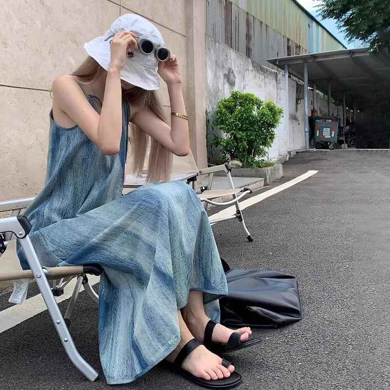 Vestido largo holgado para mujer, traje con tirantes, teñido anudado, vacaciones en la playa, Verano