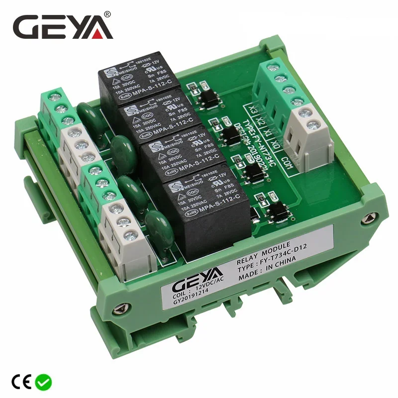 GEYA 4 Channel Relay Module 1 SPDT DIN Rail Mount 12V 24V DC/AC Interface Relay Module 220V 230V 5VDC