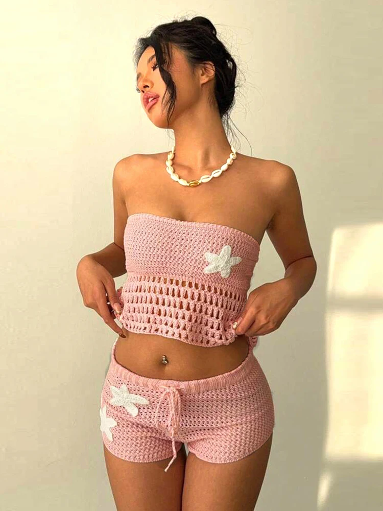

Nibber Summer Crochet Women 2 Piece Set Sexy Applique Hollow Beach Back Bandage Strapless Tops+Shorts Midnight Vacation Clubwear