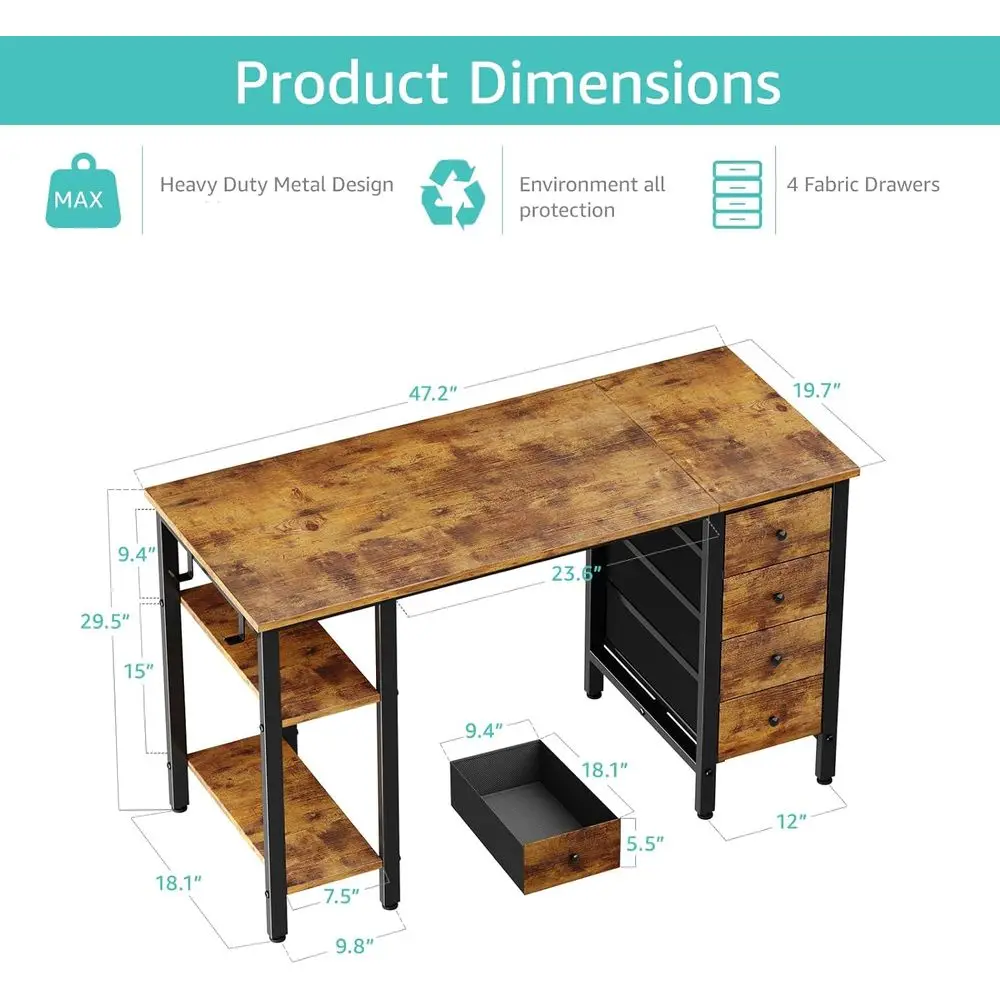 مكتب 47 بوصة مع 4 أدراج وأرفف تخزين، مكتب كمبيوتر لدراسة العمل لغرفة نوم المكتب المنزلي، حديث وبسيط للطلاب