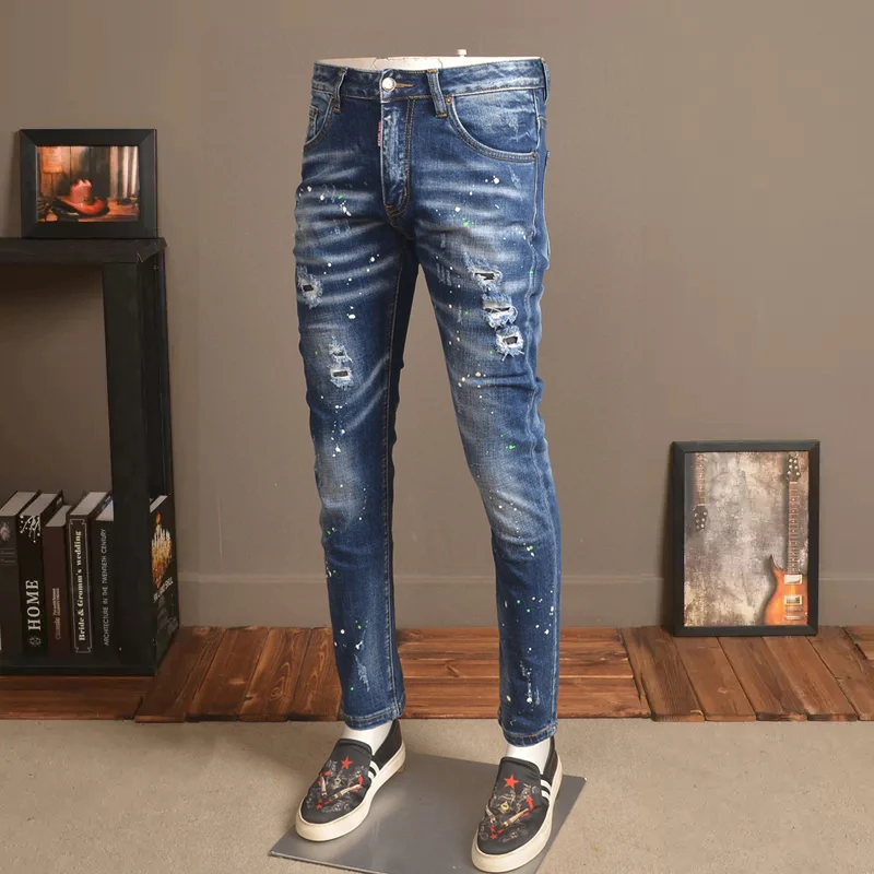Streetwear Fashion Men Jeans Retro Blue Stretch Slim Fit Hole Ripped Jeans Men Elastic Painted Designer Vintage Pants Hombre