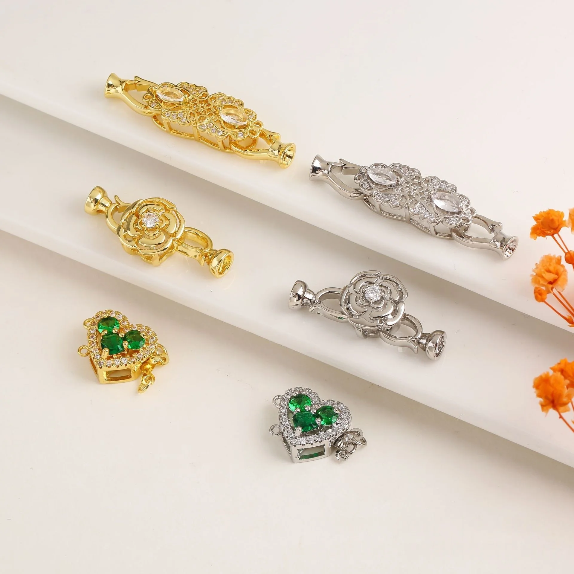 

1 Piece Micro-inlaid Zirconia Marquise Heart Double Row Clasp Rose Flower Universal Pearl Clasp DIY Handmade Jewelry Accessory