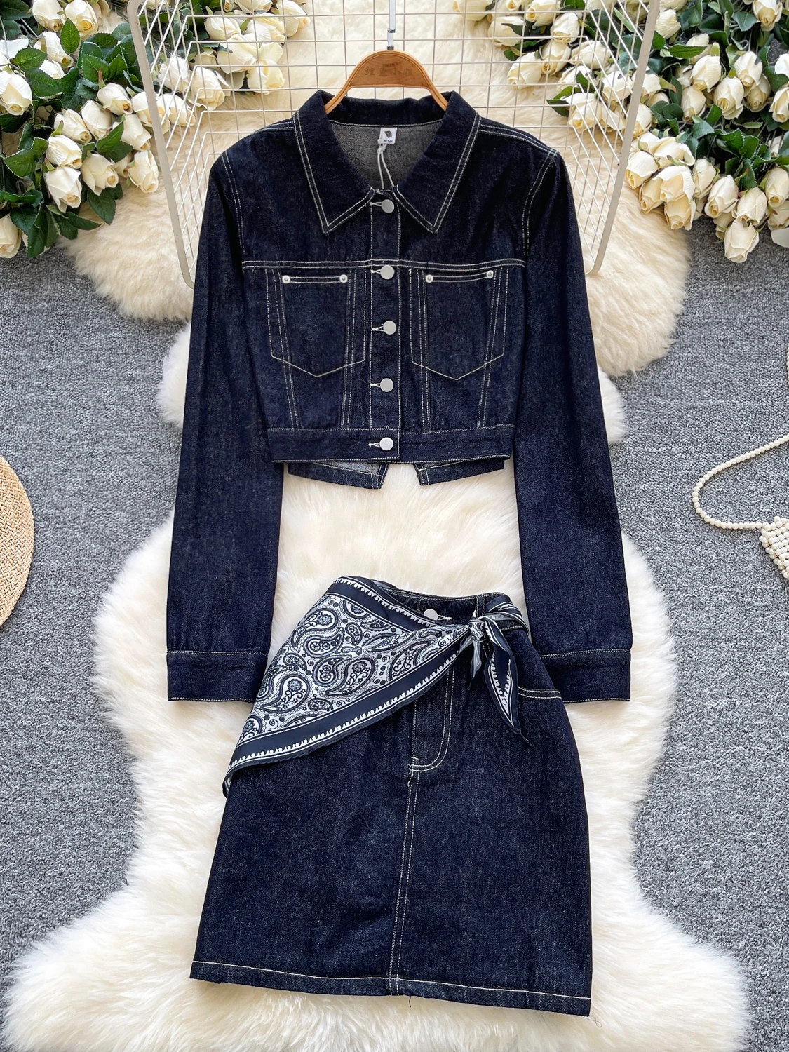 

Faionable ort Svel Женский джинсовый джинсовый комплект с шелковым шарфом и юбкой с высокой талией Hong Kong Sle Малый размер