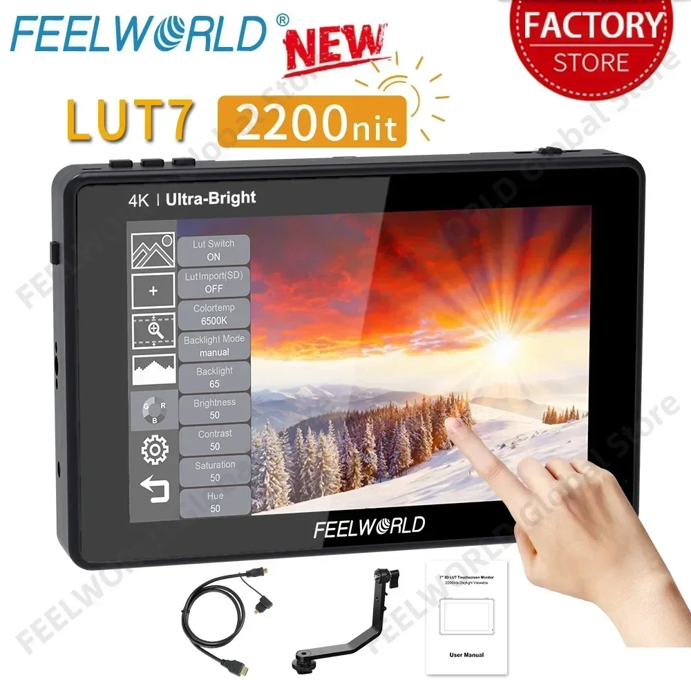 FEELWORLD LUT7 7 Inch 2200nits Touchscreen Camera Field Monitor with 3D LUT HDMI Input Output Waveform VectorScope Histogram