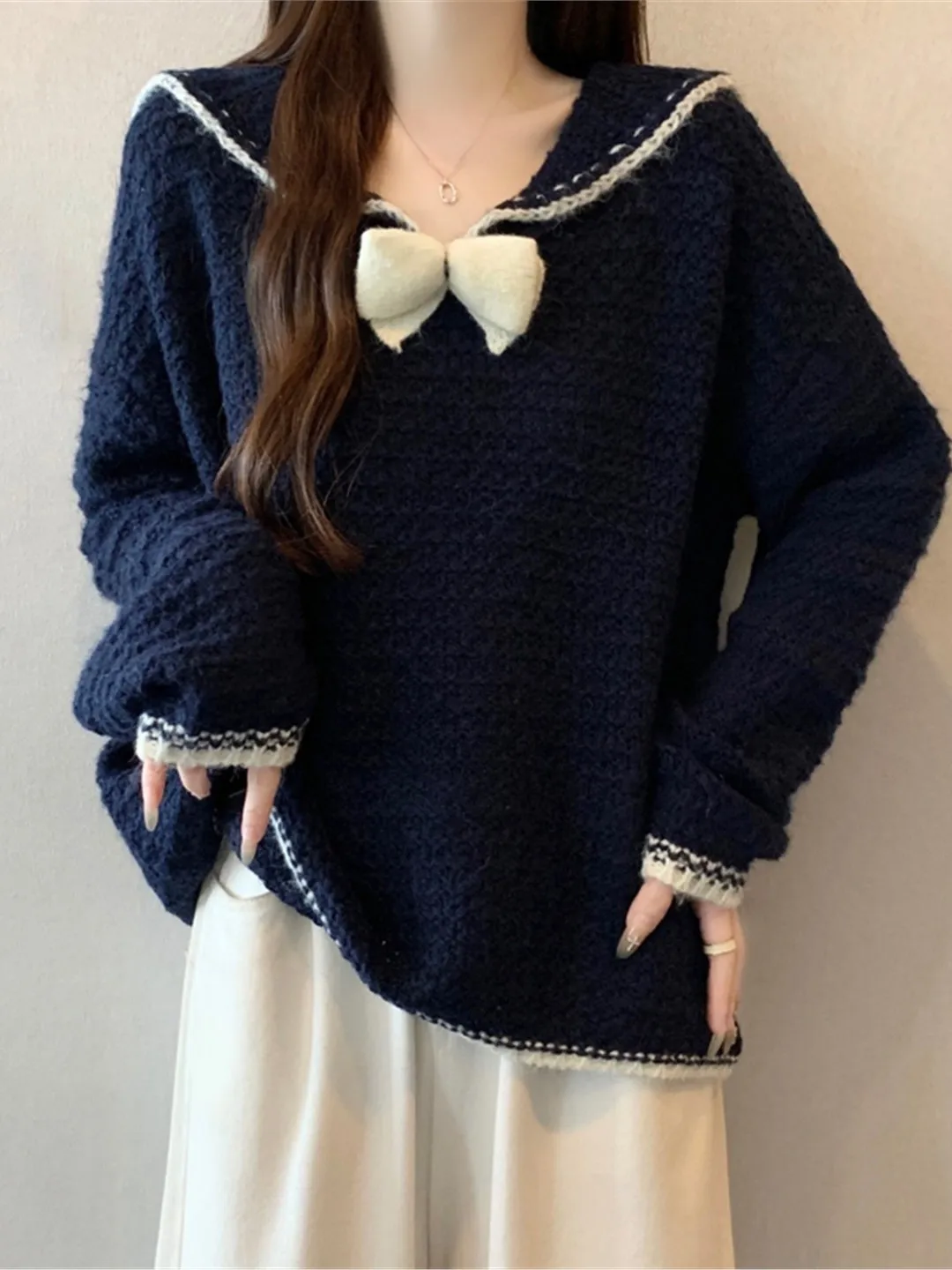 

Шикарный корейский вязаный свитер с длинными рукавами и темно-синим воротником, женский, больших размеров, осенне-зимний, модный, стройнящий топ