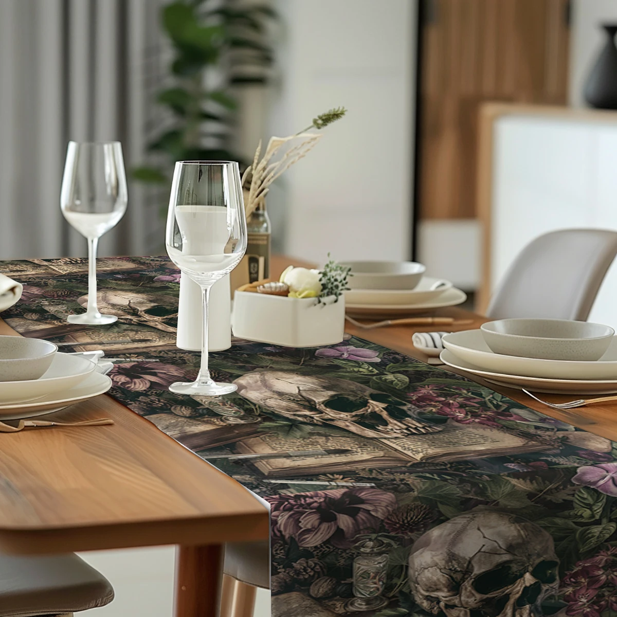 Skull Book Crow Rose Plant Table Runner Kitchen Table Decor Farmhouse Dining Table Runners Wedding Party Decorations