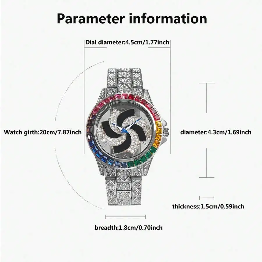 1PC Luxury Men's Silver Ice Watch, Paired With A Hip-Hop Spiral 360 ° Dial And Rainbow Square Diamond Border Embellishment, An - view 5