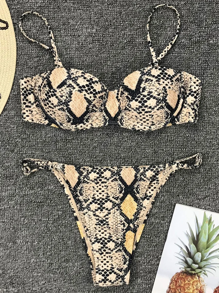 Sexy Snake Print Underwired Bra Cup Bikini Women Swimsuit Female Swimwear Two pieces Bikini set Micro thong Bathing Suit Swim