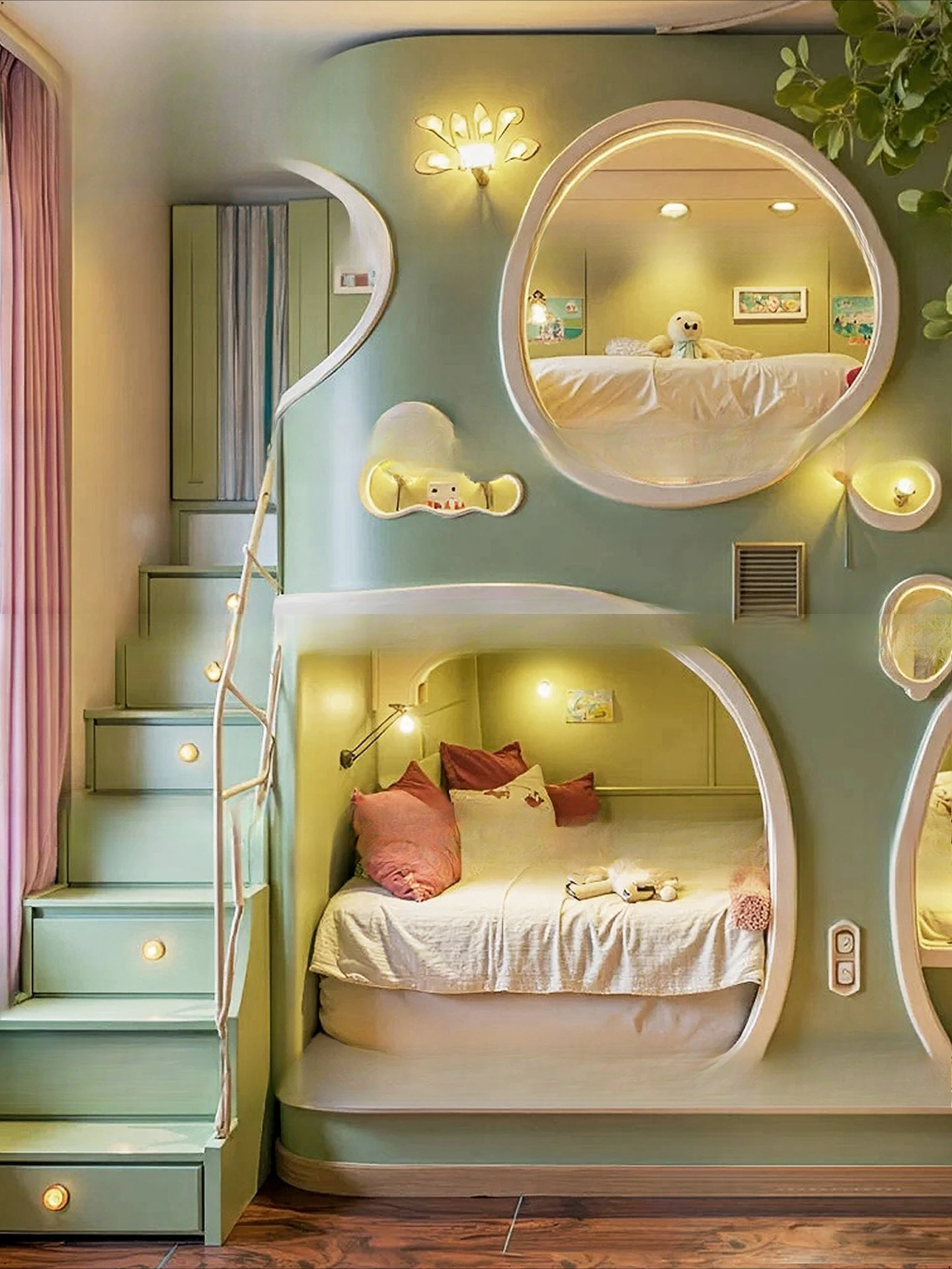 Hidup di hutan yang luas Tempat tidur anak-anak Rumah pohon hijau Harta karun pria Harta karun wanita Tempat tidur naik turun