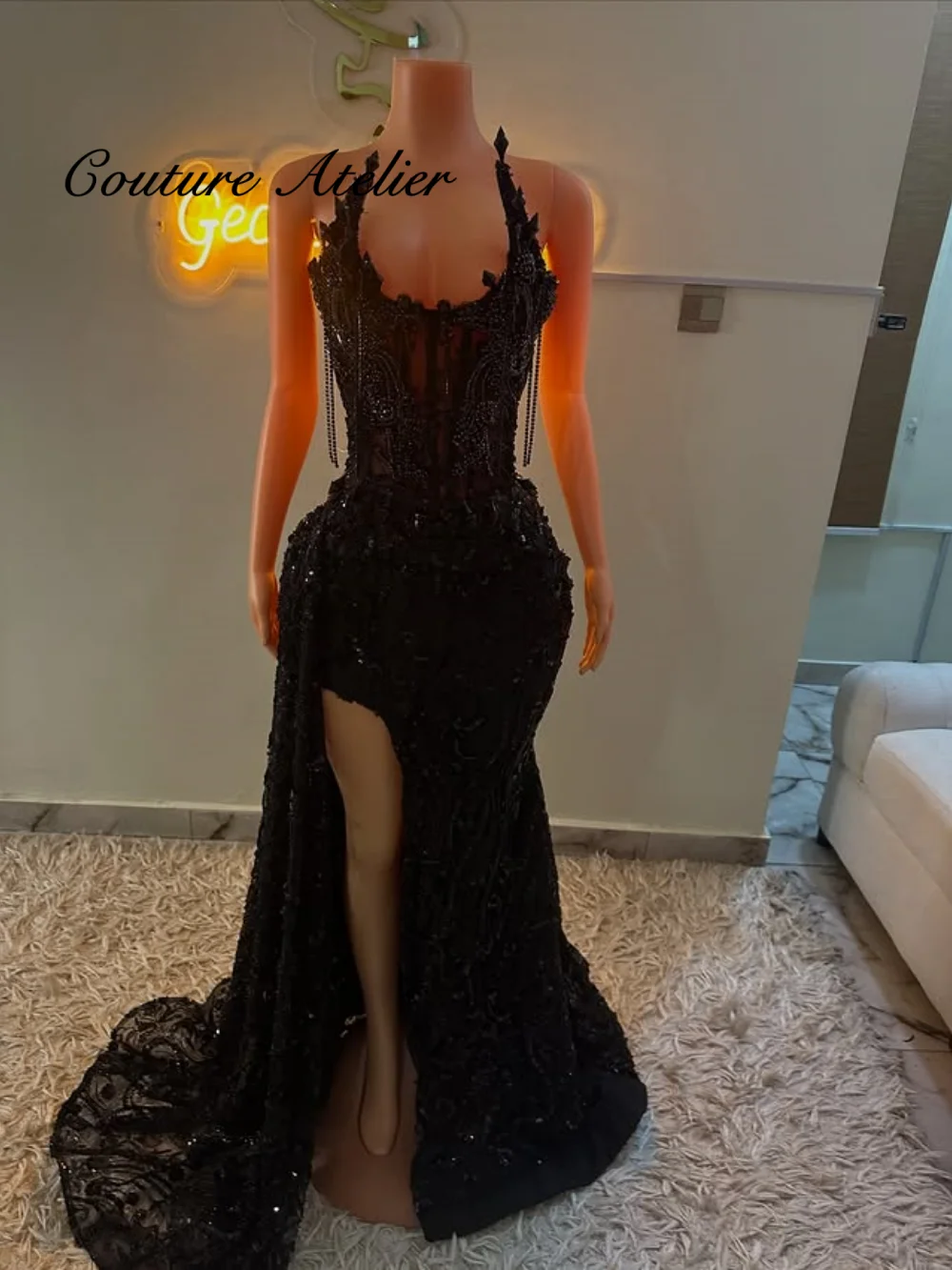 Black Stones Prom Dresses Blackgirls High Split Mermaid Evening Party Gowns Customized Exuqisite Strapless vestidos de gala