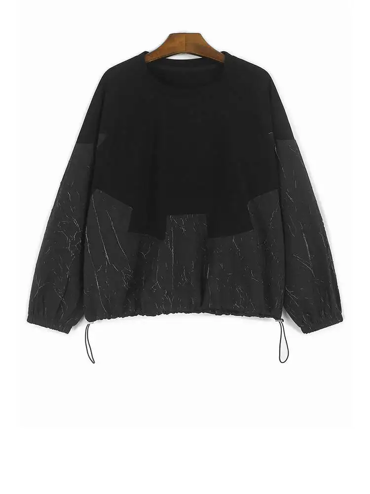

Women Black Drawstring Textured Big Size Casual T-shirt New Round Neck Long Sleeve Fashion Tide Spring Autumn