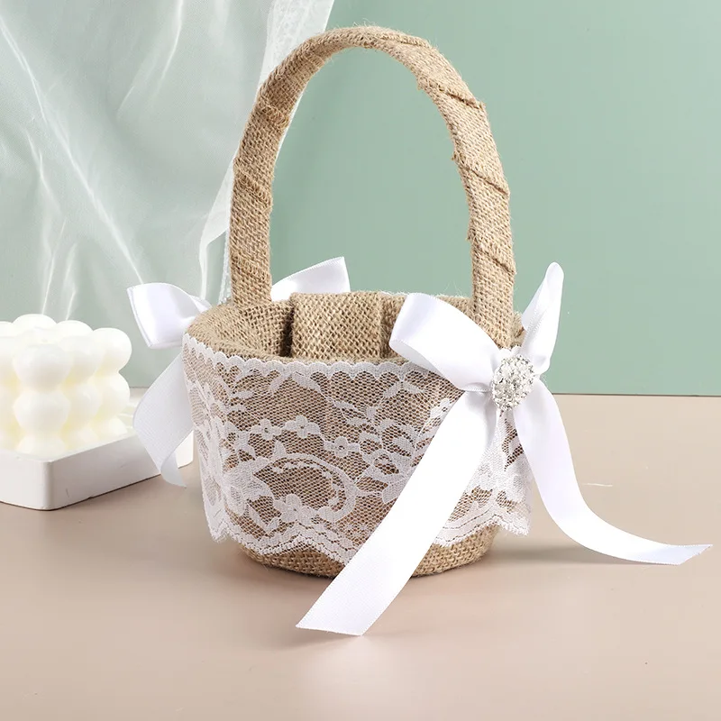 

Free postage personalized wedding lace covering linen with rhinestone diamond decoration flower basket minimalist style custom
