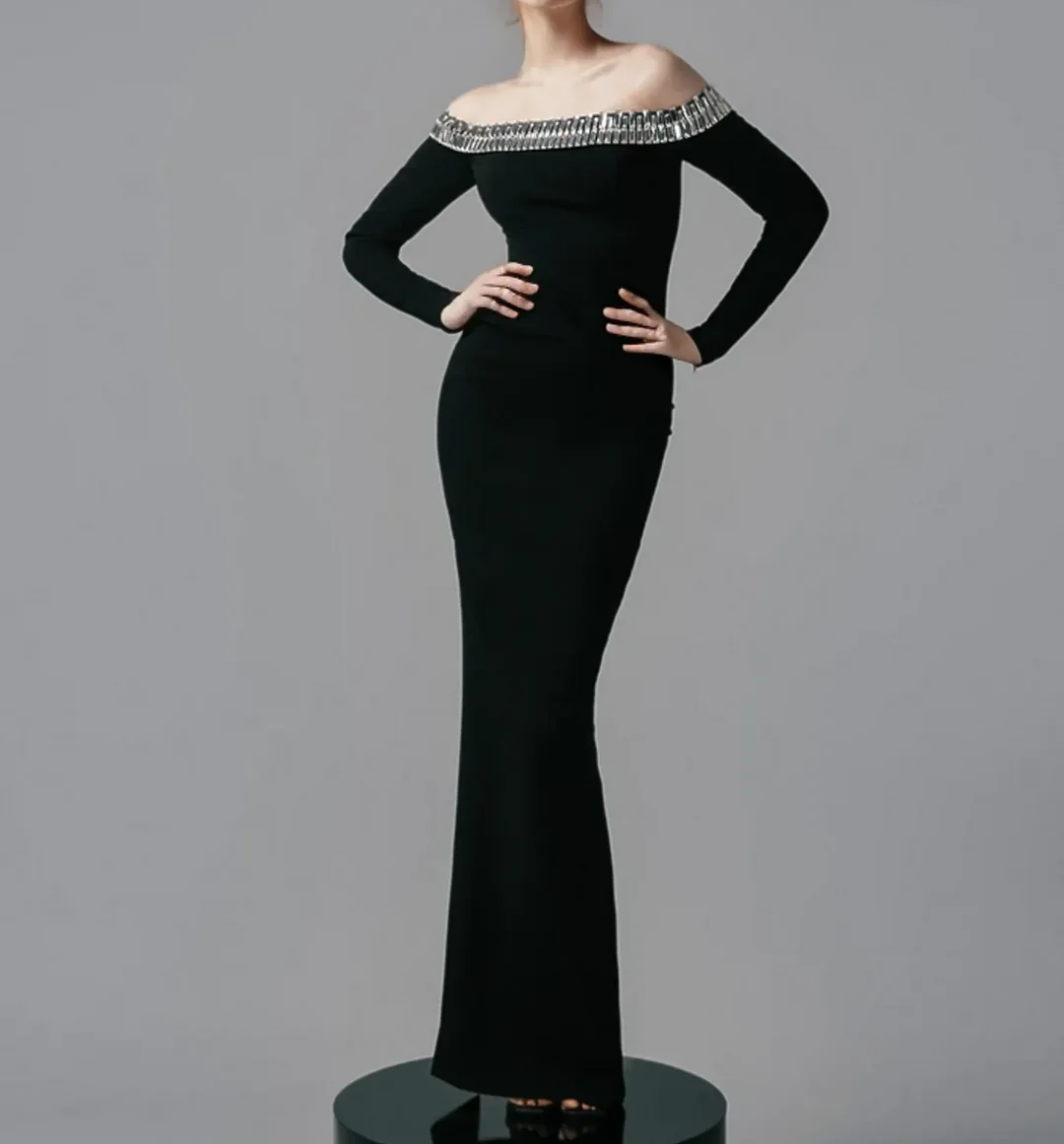 

ROSELLA Black Off Shoulder Evening Dresses Crystal Floor Length Mermaid Formal Occasions Dress with Back Slit New 2024