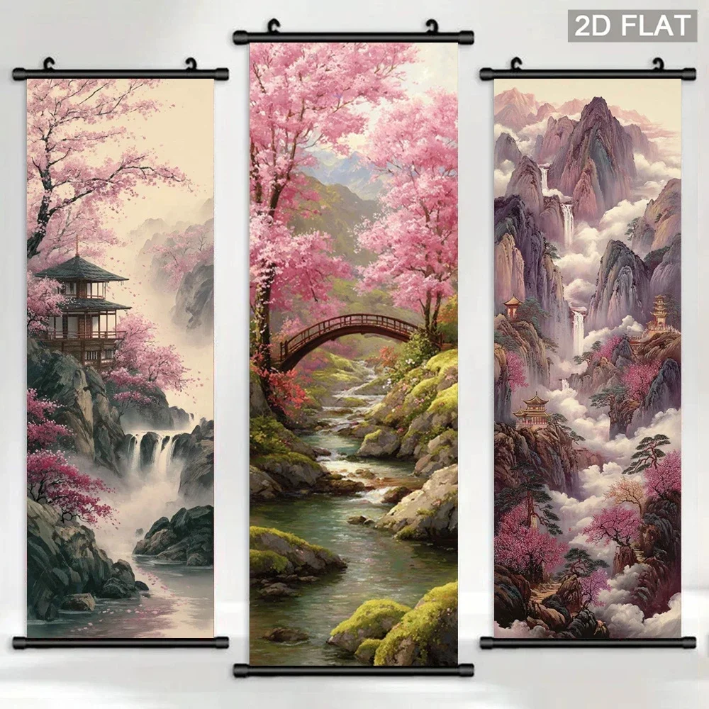 VIKAMA Cherry Blossom Bridge Stream Wall Scroll, 3 Designs, Wall Decor for Bedroom Living Room Dorm