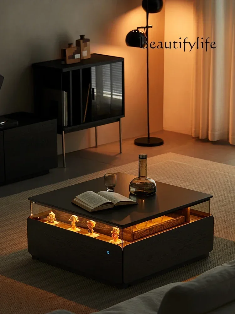 Black Square Stone Plate Coffee Table Lighting Atmosphere Solid Wood Modern Minimalist Home Tea Table