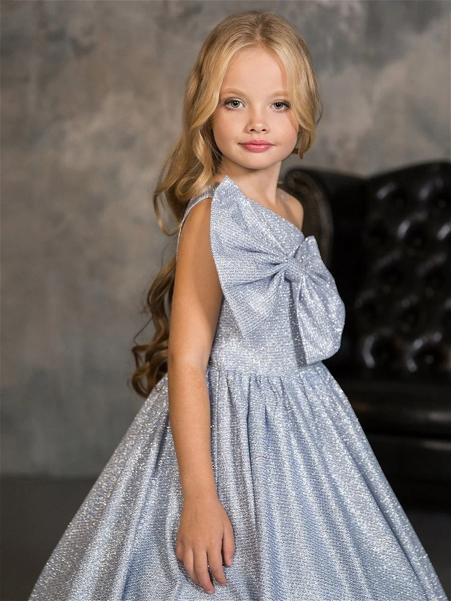 Glitter Satin Princess Flower Girl Dresses One Shoulder Long Silver Child Wedding Party Birthday Dress Bow First Communion Gown