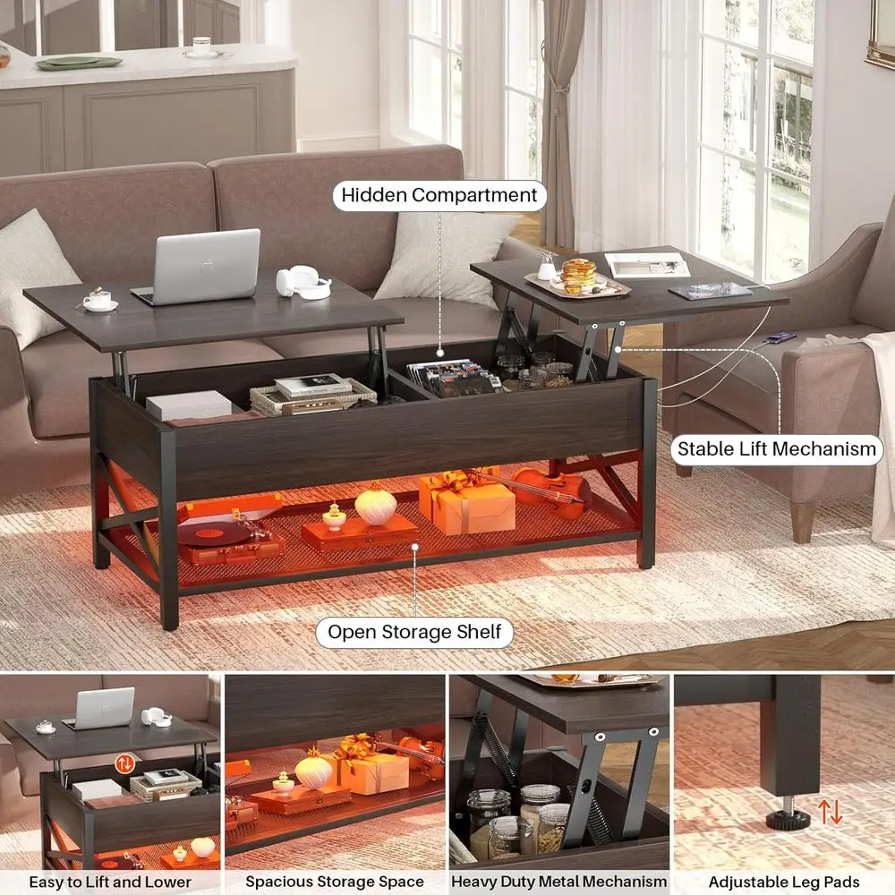 Espresso Modern Lift-Top Coffee Table with LED Light, Power Outlet, and Storage Shelf for Living Room