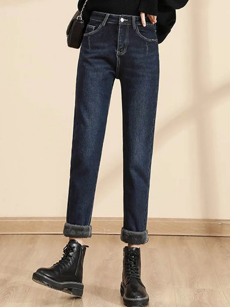 Pantaloni in denim foderati in velluto vintage caldo invernale Moda coreana Jeans Harem larghi Donna Casual Lunghezza caviglia Streetwear Vaqueros Nuovo