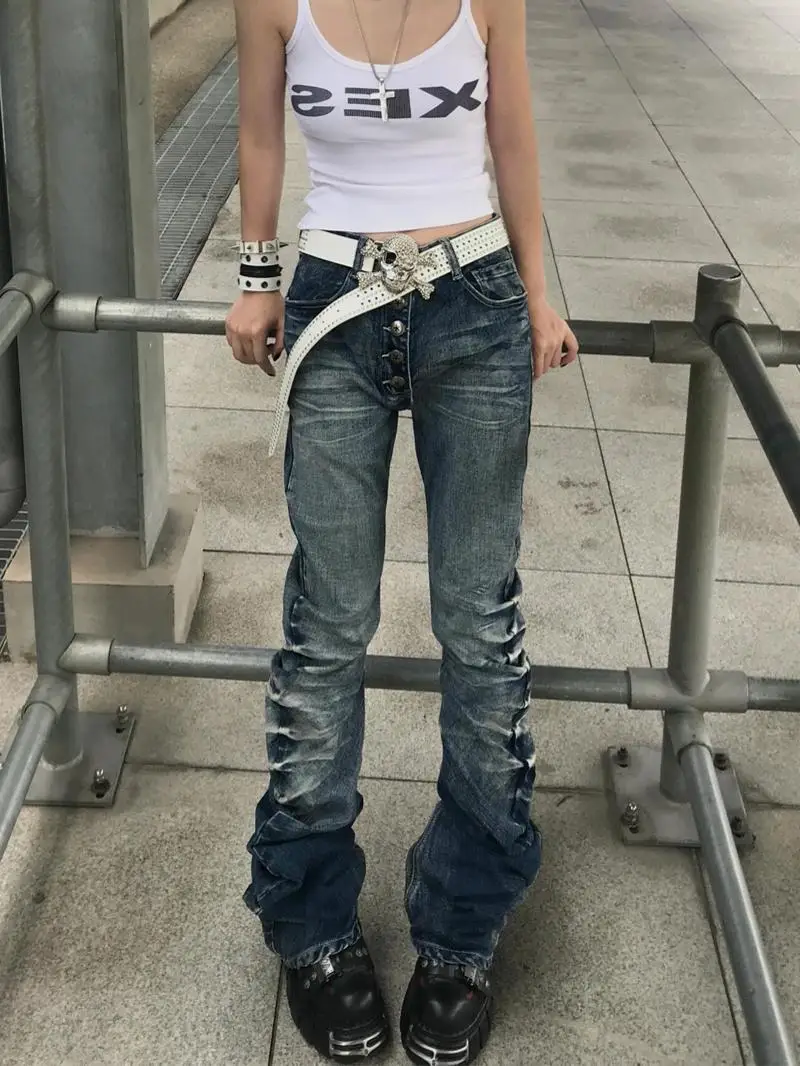 

Американские джинсы High Street из выстиранного денима с эффектом потертости, женские, летние, новые, прямые, в пол, с высокой талией, однотонные