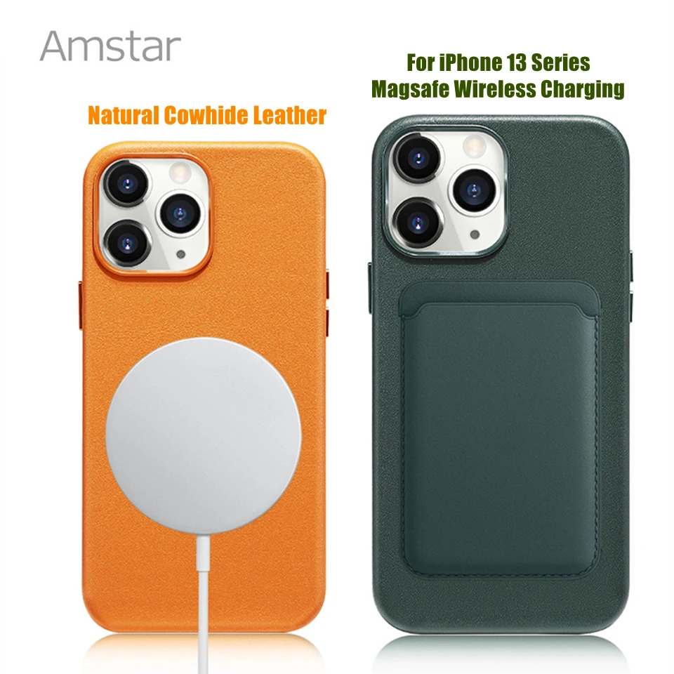 Amstar Real Cowhide Leather Magnetic Phone Case for iPhone 13 12 Pro Max 13 12 Mini Pure Natural Leather Magnetic Charging Cover