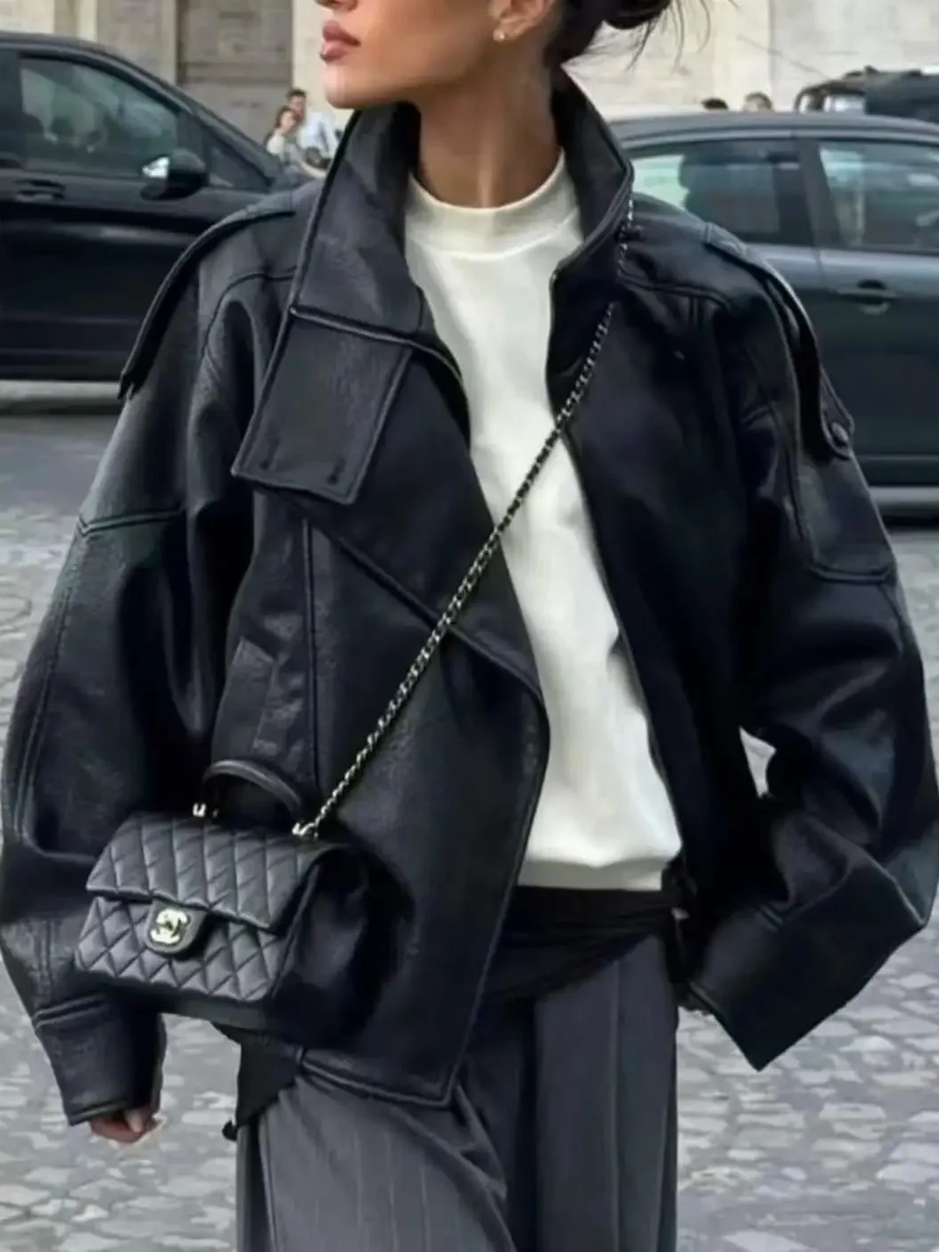 Alta qualiCasual Chic Giacche di pelle nera Donna Manica lunga Bottoni Elastici Cappotti oversize Moda 2026 Autunno Streetwear Cappotti