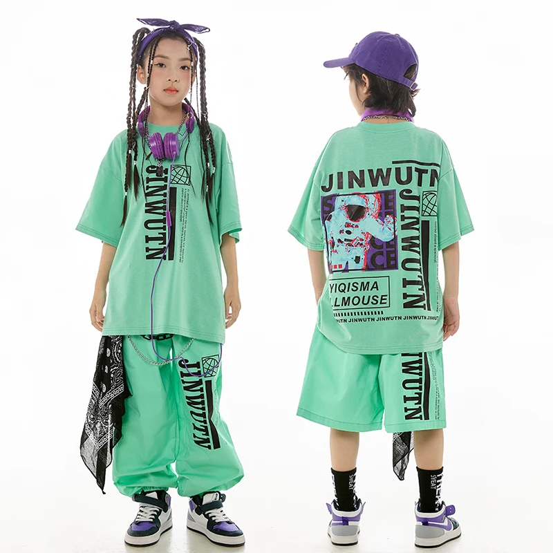 Zomer Kids Hiphop Kleding Korte Mouwen Losse Groene Tops Broek Meisjes Jazz Dance Clothes Boys Sport Drumshow Kostuum Bl12833