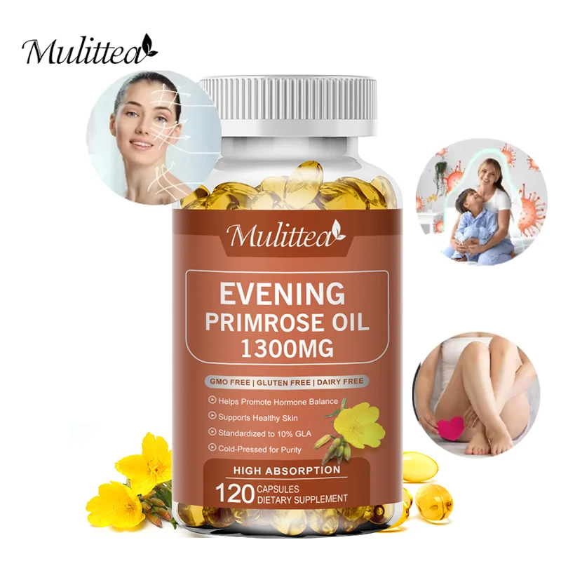 Mulittea Pure Herbal Evening Primrose Oil Capsules Regulate Hormone Level Antioxidant Clear Skin Beauty Female Reproductive