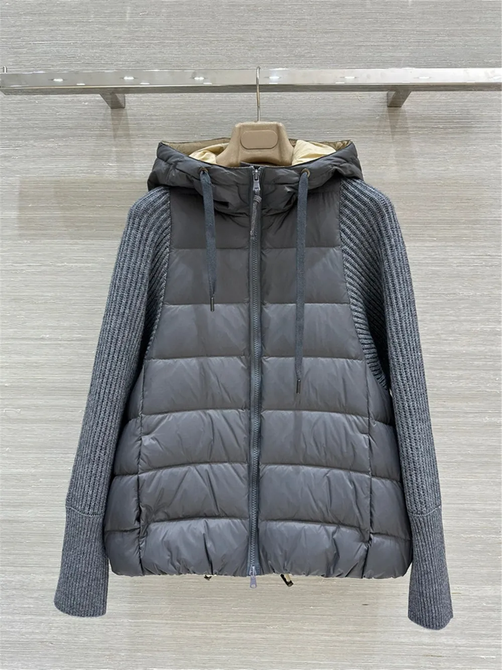 Winter Cashmere Wool Knitted Sleeve Splicing Hooded Goose DownJacket Women\'s Light Warm Jacket