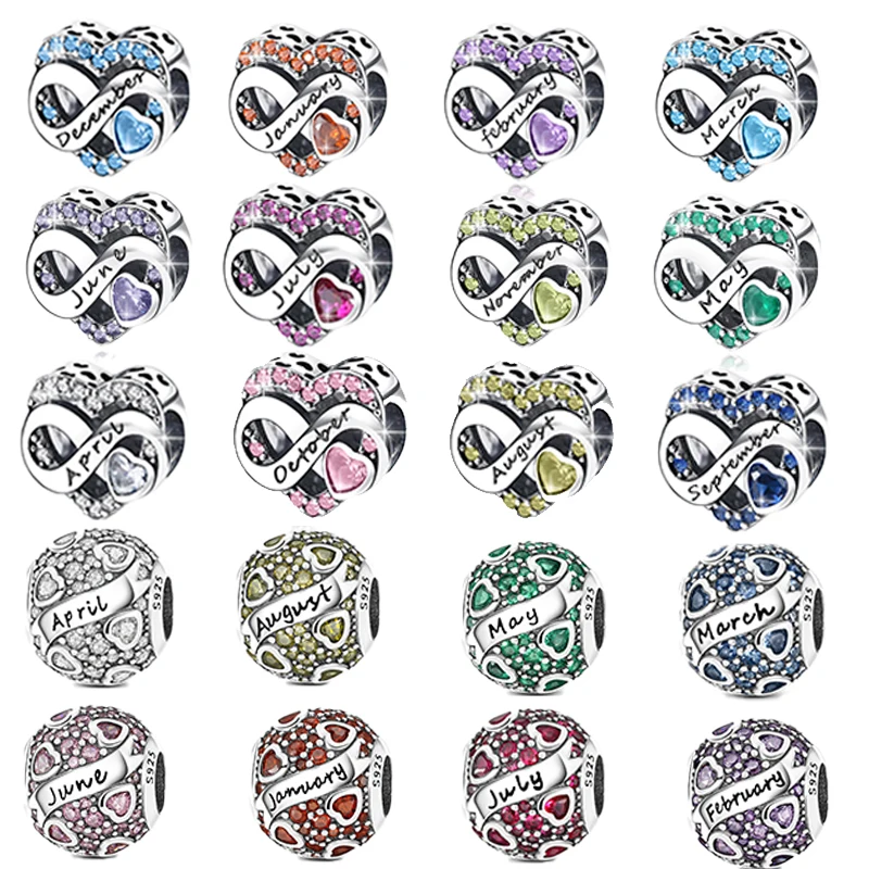 

925 sterling silver birthstone beads Fit Original Pandora charm bead Charm Bracelet Necklace Trinket Diy Women Jewelry