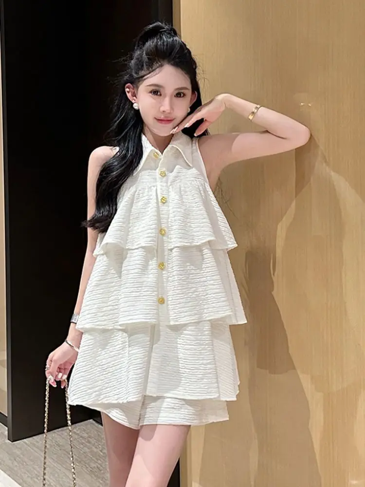 

Women's French High-end Lapel Sleeveless Button Blouse & High Waist Wide Leg Shorts Sweet Elegant Summer Outfit Two-piece Set