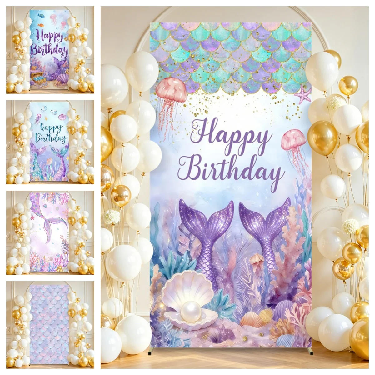 

Custom Mermaid Princess Rectangular Cover Backdrop Doubleside Underwater World Coral Decor Girls Birthday Party Background Props