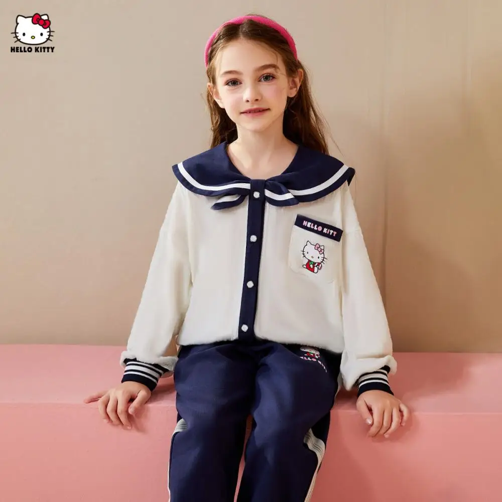 Kawaii Sanrio Hello Kitty Girls Sweatshirt Set New Style Spring Autumn Sports School Uniform Children Printing Long Sleeve Suit