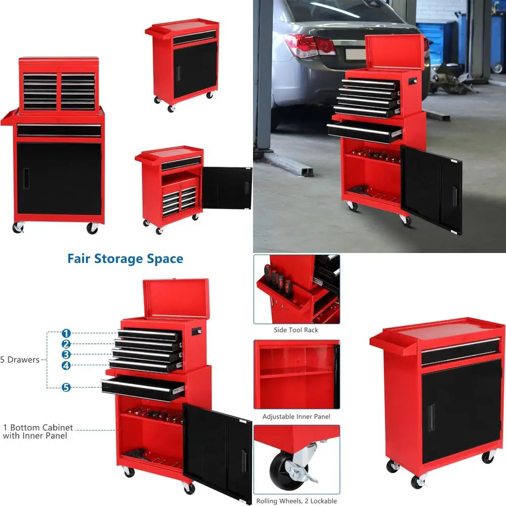 5-Drawer Rolling Tool Chest with Lockable Wheels, Detachable Top, Adjustable Shelf, Mechanic's Tool Storage Cabinet