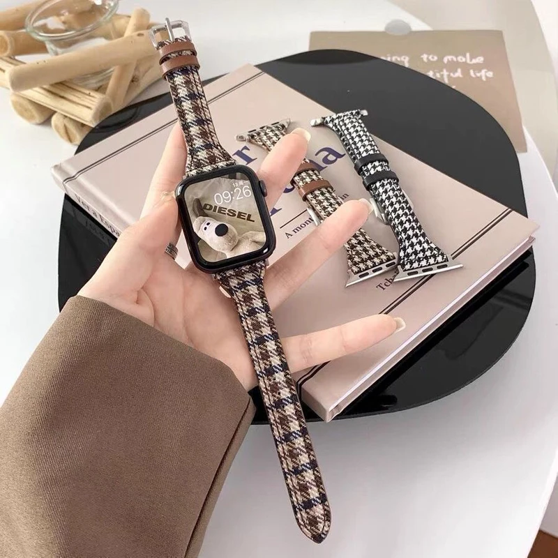 

Retro Checkered Leather Strap For Apple Watches384041MM42444549MMSmartwatch Accessories Compatible Iwatchs9Ultra8Generation76435