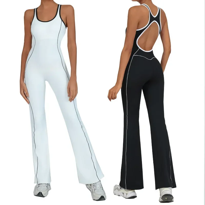 Seamless Knitted Sports Fitness Yoga Jumpsuit Open Back Color Matching Bodysuit Naked Feel Workout Gym Wide Leg Flared Pants Set
