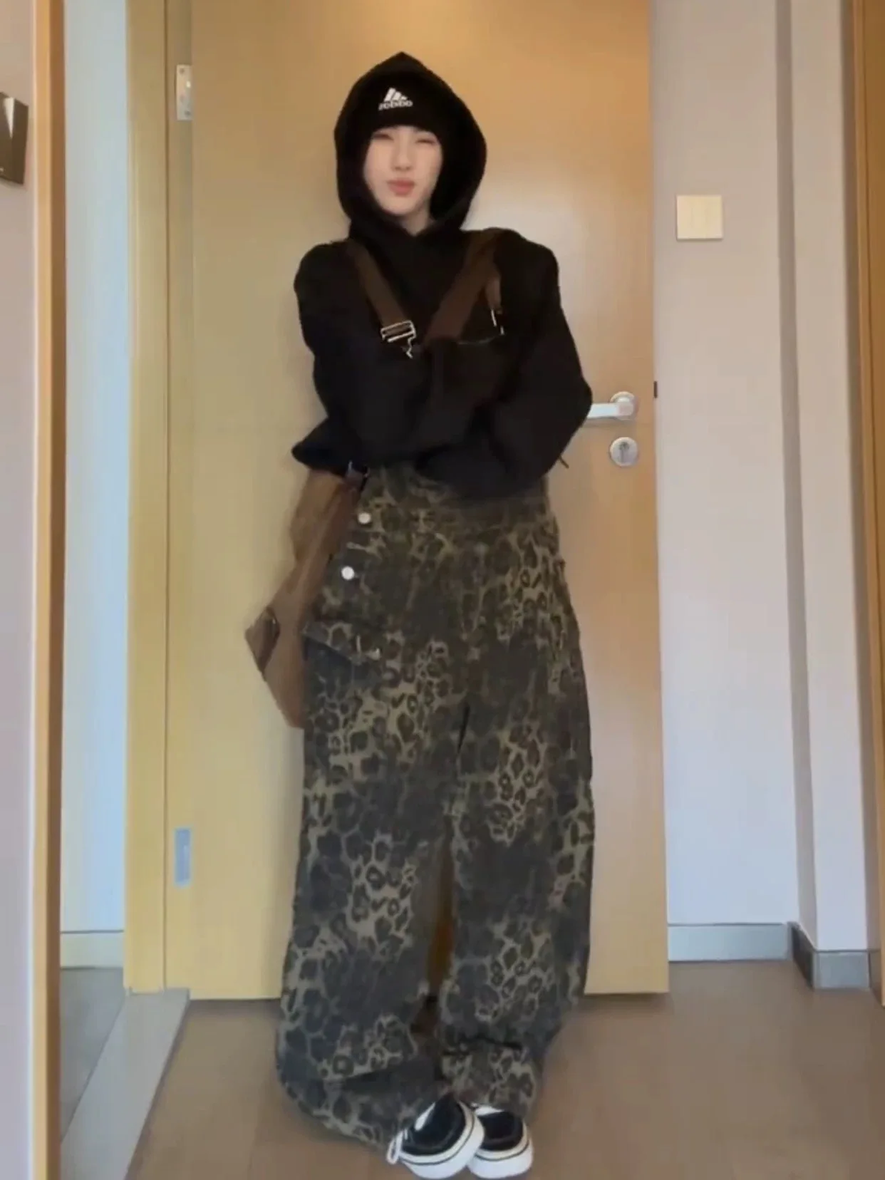 American Retro Leopard Print Denim Overalls Women's Spring Autumn Loose Lazy Straight Leg Workwear Overall Pants