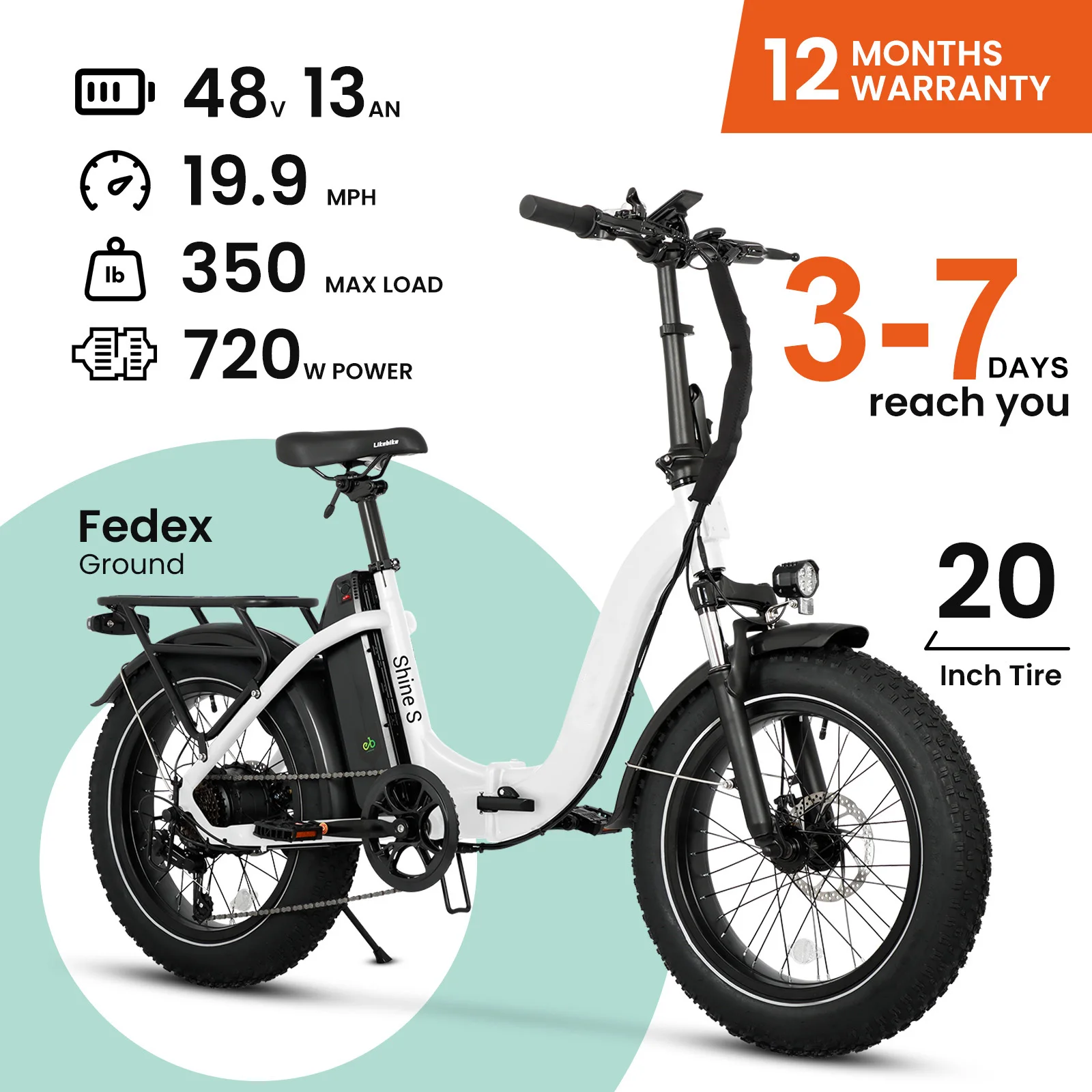 500W adult electric bicycle, 20 inch 4.0mm tires, 48V 13Ah detachable lithium battery, dual disc brake city electric bicycle